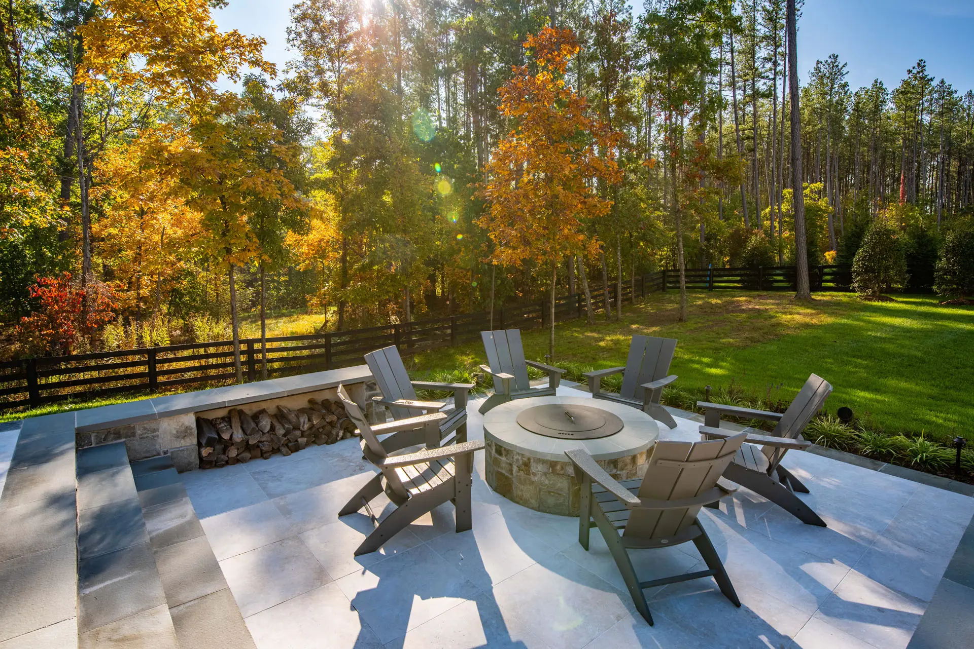 fire pit with Adirondack chairs