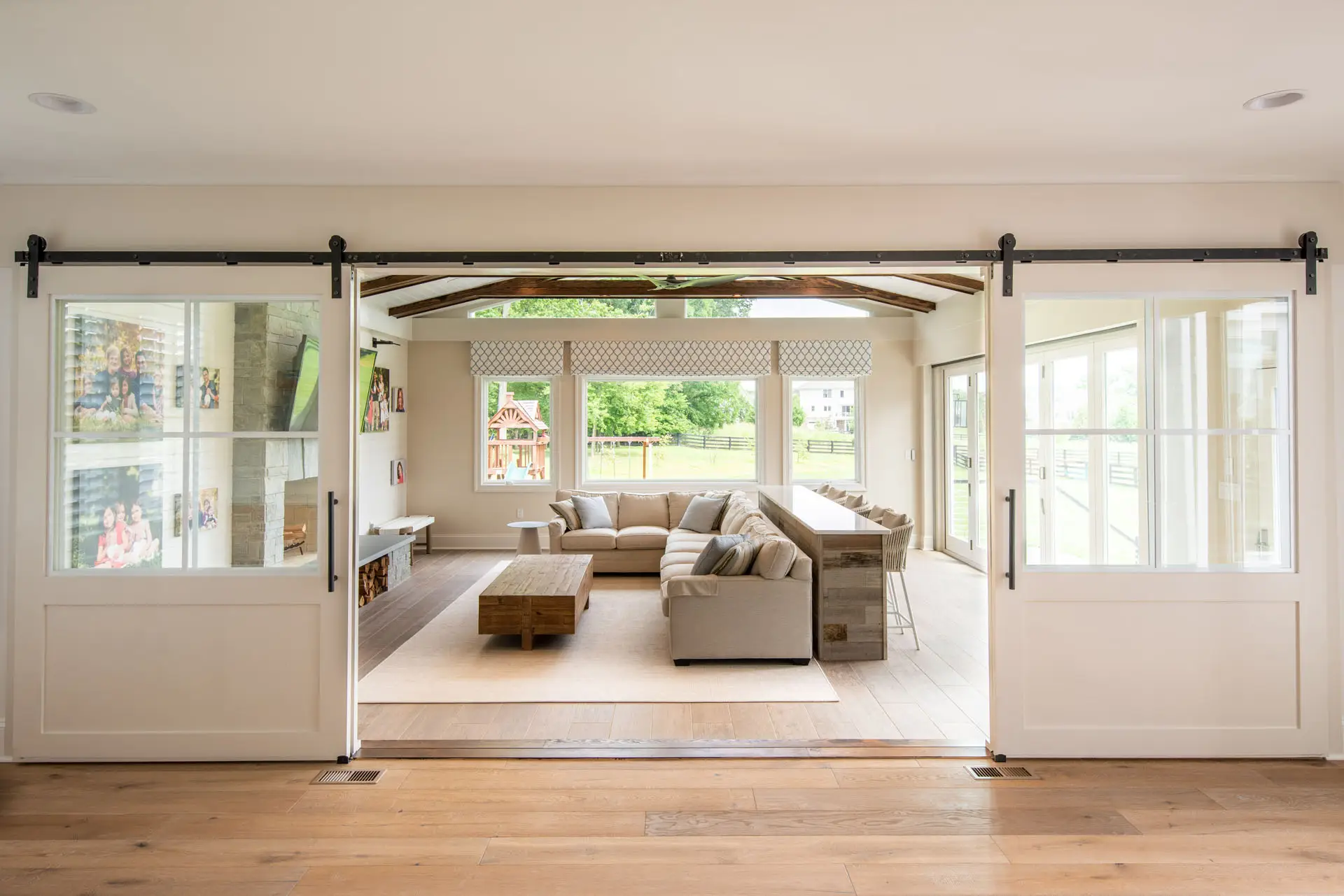 open barn doors into sun room