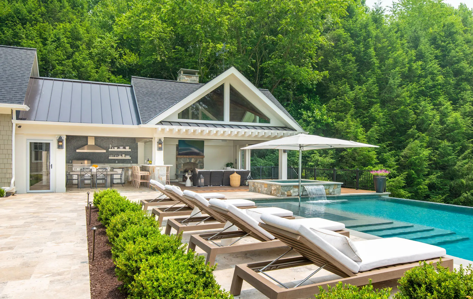 pool with bar and outdoor kitchen