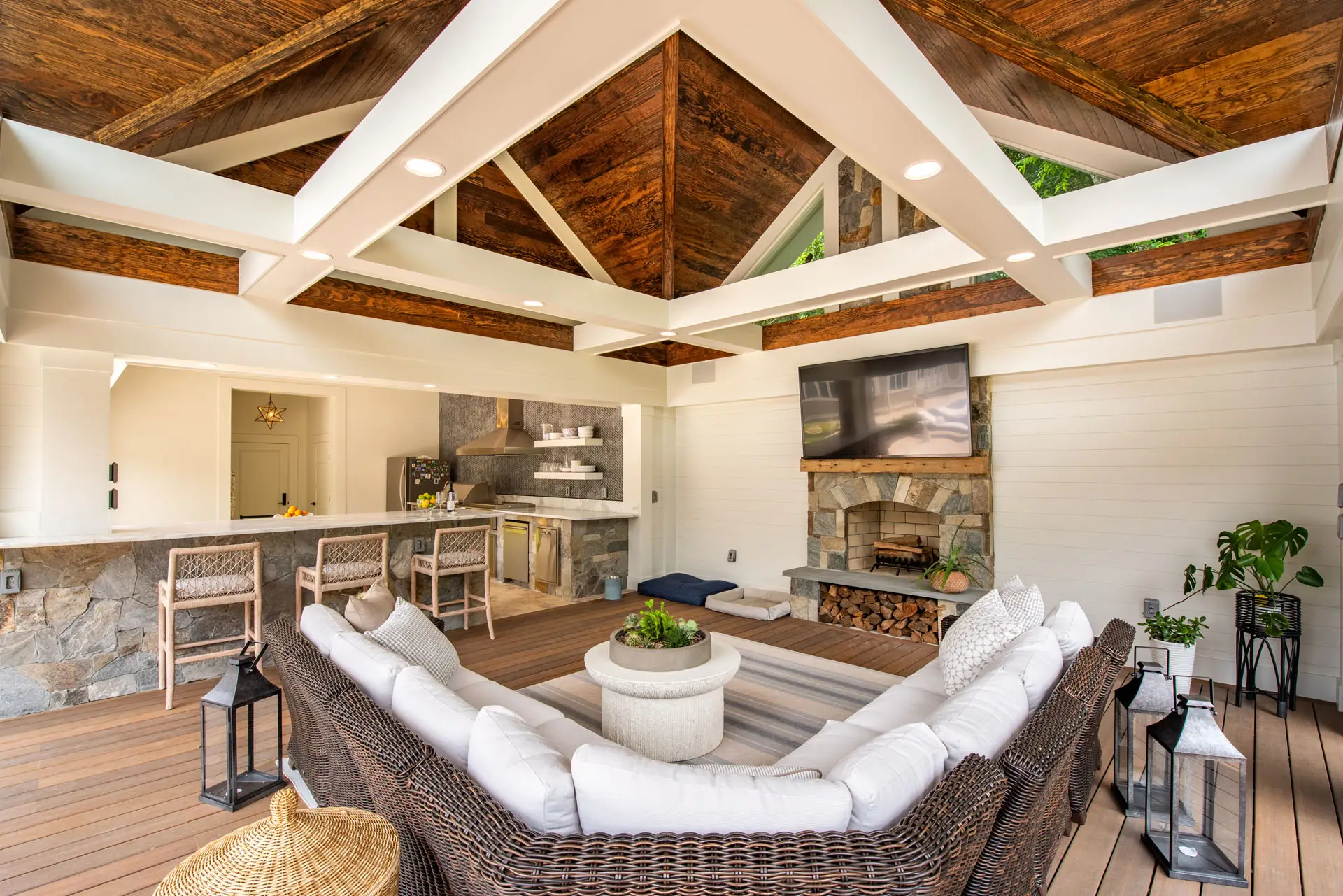 corner couch around wood fireplace